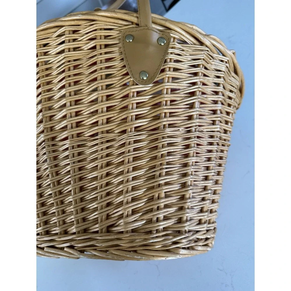 Vintage Woven Cane Oval Basket Apple Vinyl Liner Faux Leather Handles 90's EUC